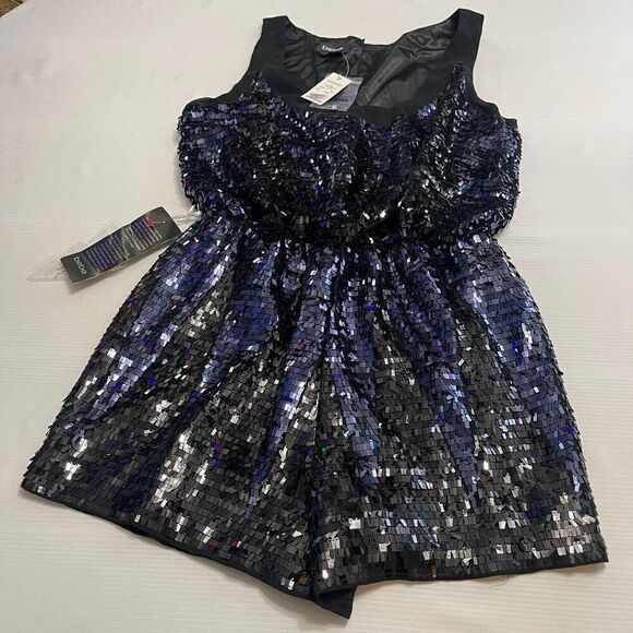 NWT BEBE Black Blue Sequin Embellished Romper Size 8 NEW - Picture 1 of 7